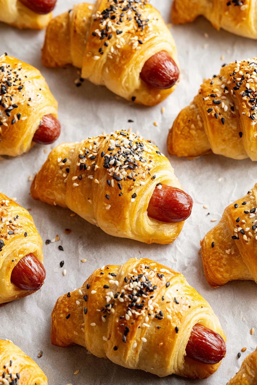 The image shows a white round plate filled with small crescent rolls wrapped around cooked mini sausages. Each roll is golden brown and flaky, sprinkled on top with a mix of white sesame seeds, black sesame seeds, and bits of what looks like dried onion or garlic. The mini sausages peek out from both ends of the rolls, showing a deep reddish-brown color. The plate sits on a white marbled surface, and there are parts of two small white bowls visible at the top edge of the image, one containing a creamy light yellow dip and the other with a mix of seeds. photo taken with an iphone --ar 2:3 --v 7