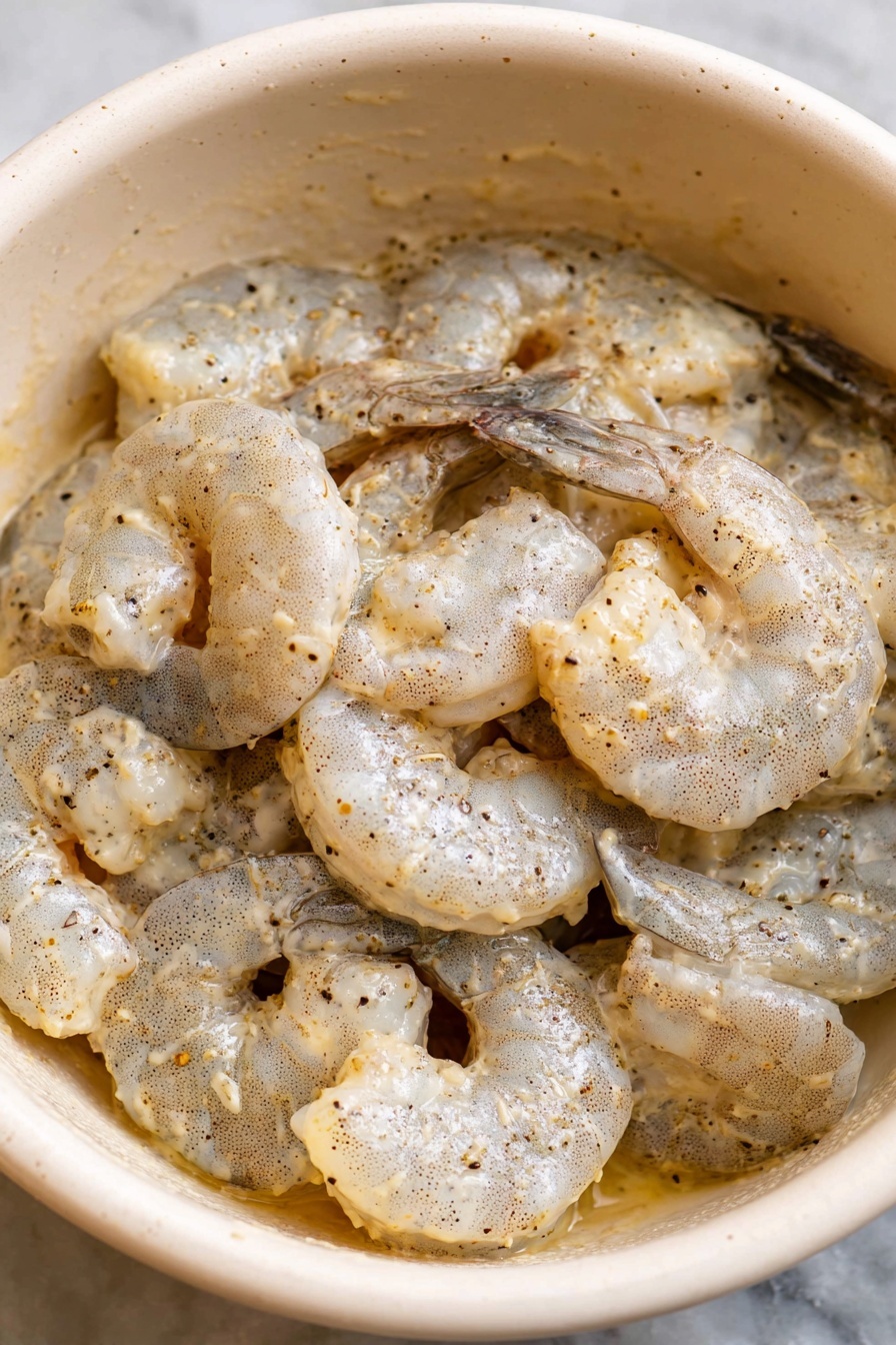 Close-up view of a pile of golden fried shrimp, each piece coated with a thick, creamy, pale orange sauce that has small red chili flakes scattered throughout. The shrimp have a crispy texture under the sauce, showing slight roughness and darker brown spots where the frying was crispier. The shrimp are closely packed together in a white bowl, and the sauce glistens under the light, creating shiny reflections on the surface. The background shows a white marbled texture. photo taken with an iphone --ar 2:3 --v 7