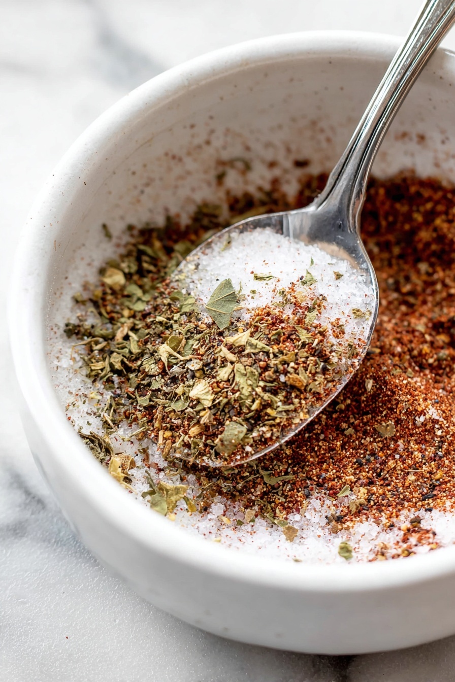 A close-up view of a white bowl filled with a mix of dried spices and herbs. The mix has layers of coarse salt crystals, small green dried leaves, and reddish-brown powdered spices with a rough texture. A shiny silver spoon is shown scooping a portion of the spice mix, resting inside the bowl. The bowl sits on a surface with a white marbled texture. photo taken with an iphone --ar 2:3 --v 7