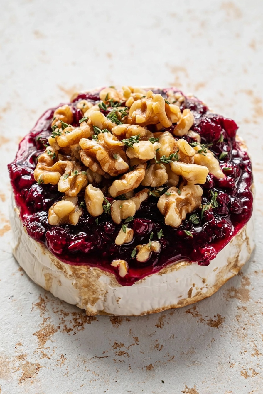 A close-up shot shows a white plate with a golden brown baked cheese ball in the center, with a textured crust. On the plate, there are several shiny red cranberries, light brown walnut pieces, and a slice of toasted bread with a golden crust. In the foreground, a woman's hand is holding a round, speckled cracker topped with a scoop of soft cheese mixed with red cranberry bits and walnut pieces. The plate is set on a white marbled surface. photo taken with an iphone --ar 2:3 --v 7