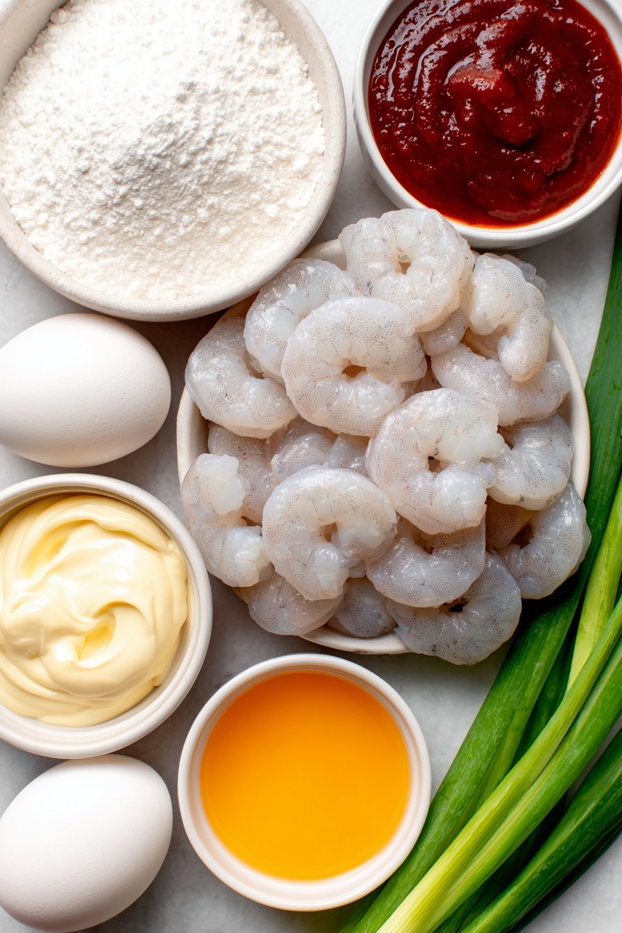 Flat lay of fresh raw peeled and deveined shrimp with a slight translucent pink tint arranged neatly, a small pile of fine white cornstarch in a simple white ceramic bowl, a whole clean white egg with an uncracked shell, a small white ceramic bowl containing creamy pale mayonnaise, another small white bowl filled with glossy deep red Thai sweet chili sauce, a third small bowl holding bright orange-red Sriracha sauce, a small white bowl with off-white buttermilk liquid, a few fresh green onion stalks sliced into thin rings scattered beside the bowls, all placed on a clean white marble surface, soft natural light, photo taken with an iPhone, professional food photography style, fresh ingredients, white ceramic bowls, no bottles, no duplicates, no utensils, no packaging --ar 2:3 --v 7 --p m7354615311229779997
