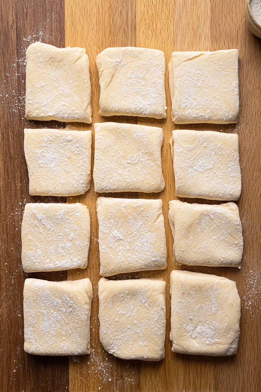 The image shows eight small puff pastry cups arranged in a circle on a white plate, each with three visible layers: a golden-brown, flaky crust forming the cup shape, a layer of melted light yellow cheese inside, and a dollop of deep red cranberry sauce on top. The cranberry sauce is garnished with chopped light brown pecans and small green rosemary leaves. In the background, there are two white bowls, one filled with reddish cranberries and the other with chopped pecans, all set on a white marbled surface. photo taken with an iphone --ar 2:3 --v 7