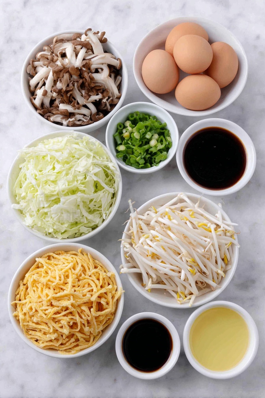 Flat lay of fresh shiitake mushrooms sliced thin, bright orange matchstick carrots, pale green napa cabbage sliced into thin strips, crisp white bean sprouts, thinly sliced green onions, minced garlic in a small mound, minced ginger in a small mound, small white ceramic bowls holding dark soy sauce, golden sesame oil, and clear water, whole uncracked brown eggs, a neat stack of smooth, round egg roll wrappers, a small white bowl of light golden vegetable oil, all arranged in perfect symmetry on a clean white marble surface, soft natural light, photo taken with an iPhone, professional food photography style, fresh ingredients, white ceramic bowls, no bottles, no duplicates, no utensils, no packaging --ar 2:3 --v 7 --p m7354615311229779997