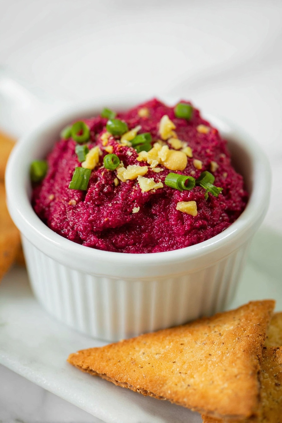 A small white ramekin filled with a thick, bright red-purple beet dip with a slightly rough texture. The dip is topped with small green onion slices and light yellow chopped nuts or ginger pieces sprinkled over the surface. In front of the ramekin, there are two golden brown, crispy pita or cracker pieces resting on a white marbled surface. photo taken with an iphone --ar 2:3 --v 7