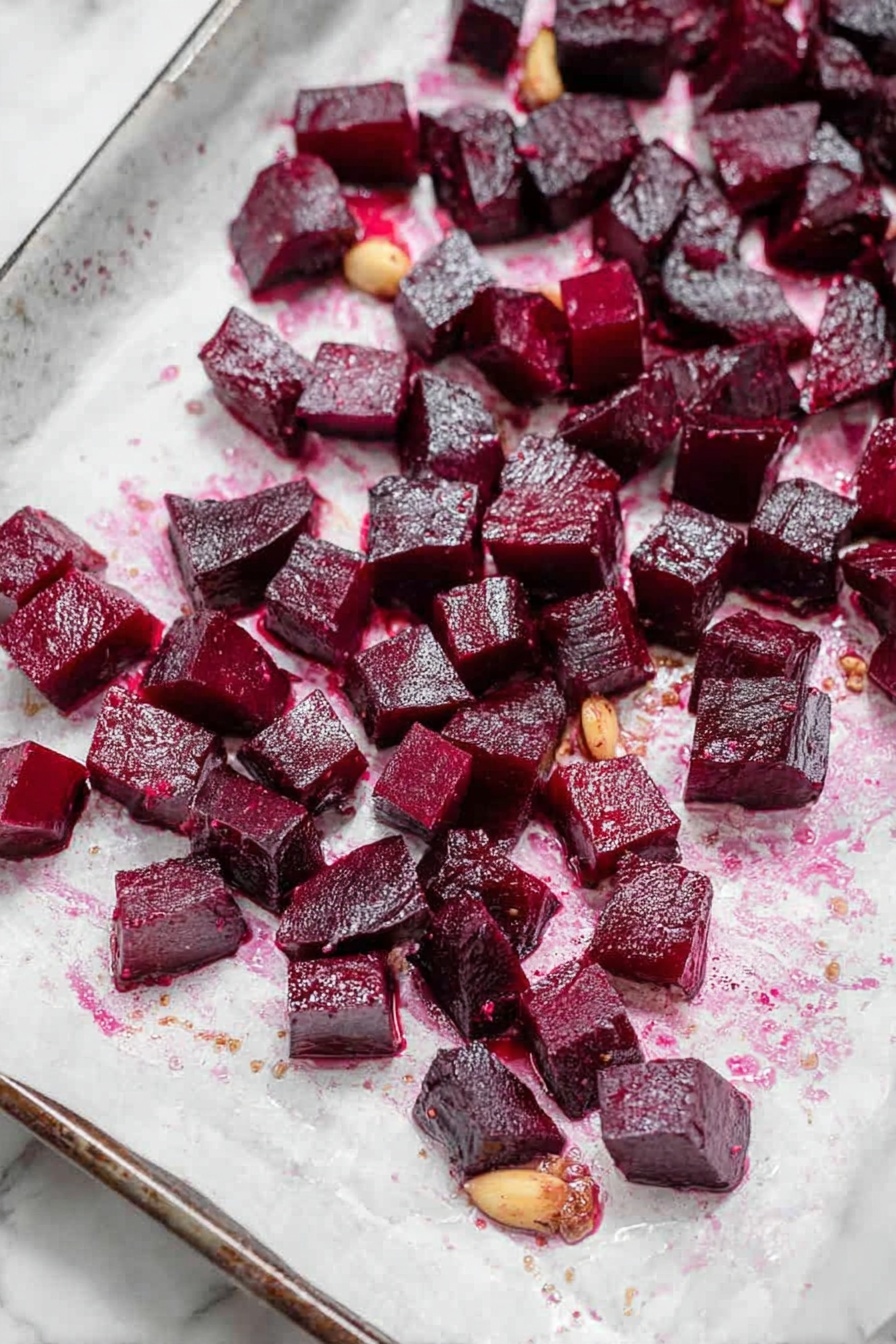 A close-up view of a white bowl filled with bright pink beet hummus topped with small pieces of chopped nuts and green herbs. In front, a brown triangular chip is dipped halfway into the beet hummus, showing a thick layer of the dip coated on the chip, also garnished with small nuts and herbs. The chip is held by a woman's hand with soft skin tones. The background shows more brown triangular chips placed on a white marbled surface. photo taken with an iphone --ar 2:3 --v 7