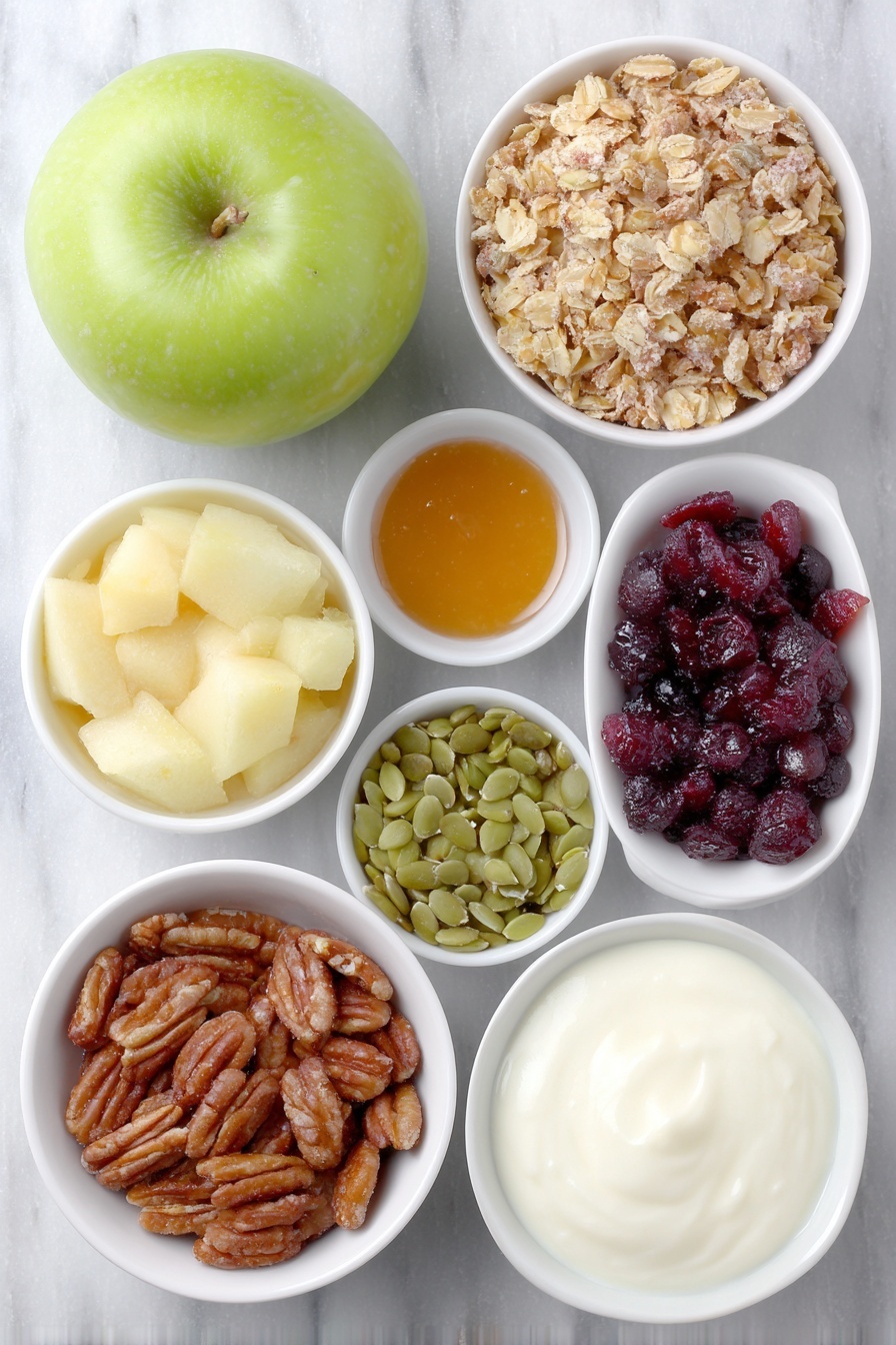 Flat lay of two large whole Granny Smith apples, a small white ceramic bowl with smooth almond butter, a small white ceramic bowl filled with crunchy granola, a small white ceramic bowl holding chopped pecans, a small white ceramic bowl of vibrant dried cranberries, a small white ceramic bowl with green pepitas, a small white ceramic bowl containing creamy vanilla yogurt, a small white ceramic bowl with amber maple syrup, and a small white ceramic bowl with warm-toned apple pie spice powder, all arranged symmetrically in perfect balance, placed on a clean white marble surface, soft natural light, photo taken with an iPhone, professional food photography style, fresh ingredients, white ceramic bowls, no bottles, no duplicates, no utensils, no packaging --ar 2:3 --v 7 --p m7354615311229779997