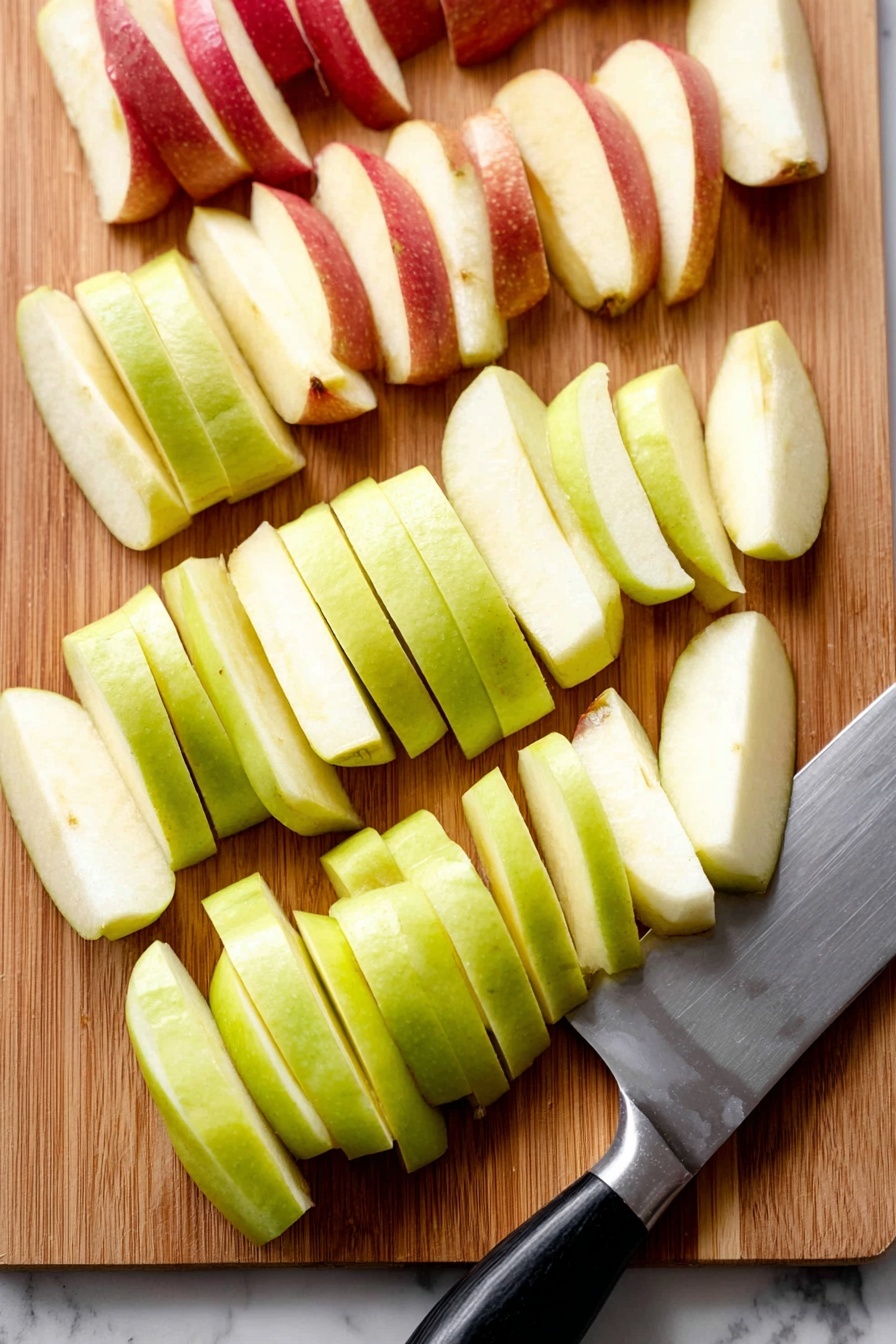 The image shows a wooden board with two rows of apple slices arranged in neat lines. The front row has six green apple slices with white flesh and smooth skin, while the back row has evenly placed red apple slices, also cut into wedges with white flesh. The slices are thick and uniform in size. A large metal knife with a broad blade and black handle lies at the bottom right corner of the board. The background has a white marbled texture. photo taken with an iphone --ar 2:3 --v 7