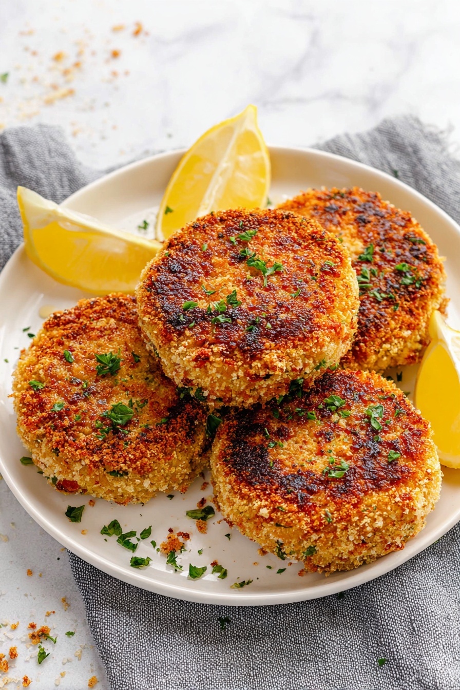 The image shows four round, golden-brown patties with a crispy textured crust sitting closely together on a white plate. Each patty has a crunchy breadcrumb coating with small green herb bits scattered on top and visible red specks within the patties. Two bright yellow lemon wedges are placed on the right side of the plate, adding a fresh color contrast. The plate rests on a soft grey cloth over a white marbled surface with a few stray crumbs and tiny green herb pieces scattered around. photo taken with an iphone --ar 2:3 --v 7