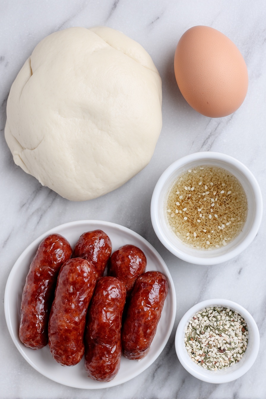 Flat lay of a small stack of smooth, pale crescent dough triangles, a neat pile of glossy smoked cocktail sausages with a rich reddish-brown color, one large whole egg with a clean, uncracked shell, a small white ceramic bowl filled with amber whisked egg wash, and a small white ceramic bowl holding a coarse blend of everything bagel seasoning with visible sesame seeds and dried herbs, all arranged symmetrically and balanced, placed on a clean white marble surface, soft natural light, photo taken with an iPhone, professional food photography style, fresh ingredients, white ceramic bowls, no bottles, no duplicates, no utensils, no packaging --ar 2:3 --v 7 --p m7354615311229779997