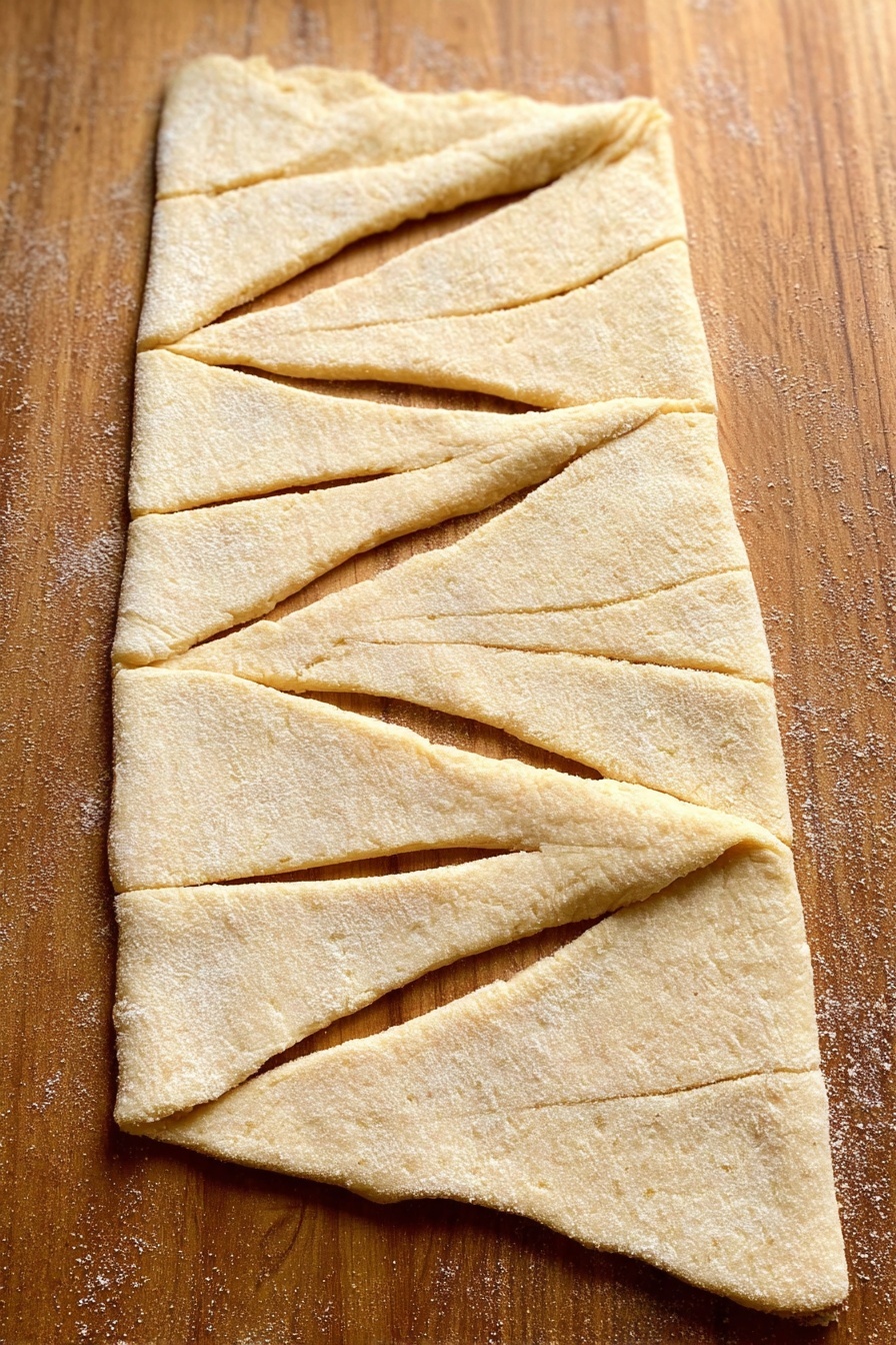 A large, thin layer of light beige dough is rolled out flat on a wooden surface, showing a slightly rough texture with some uneven edges. The dough has been partially cut into long triangular sections, where the cuts form distinct openings with a twisted appearance along the edges. The dough looks soft and flexible, with one corner slightly folded over. photo taken with an iphone --ar 2:3 --v 7