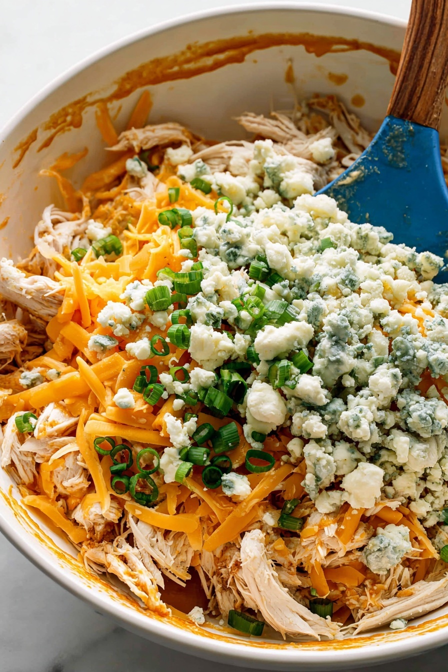 A close-up of a large white bowl filled with shredded cooked chicken pieces as the base layer, topped with two types of shredded cheese, one orange and one white, scattered unevenly in the middle layer. On top of the cheese, there is a layer of crumbly light blue cheese and chopped green onions sprinkled evenly. A blue spatula with a wooden handle rests inside the bowl on the right side. The inside edge of the bowl shows some orange sauce residue. The bowl is set on a white marbled surface. photo taken with an iphone --ar 2:3 --v 7
