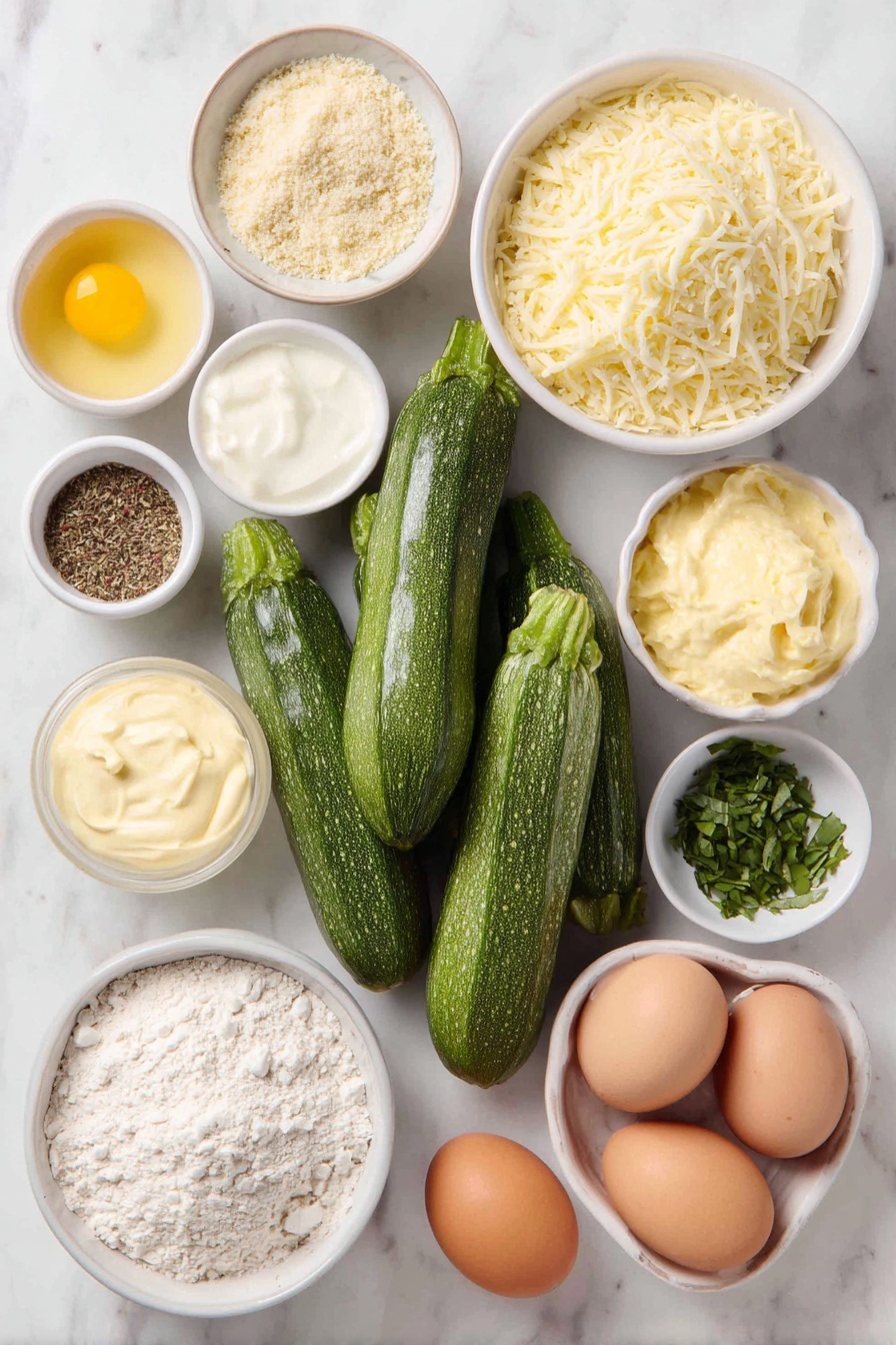 Flat lay of a few fresh medium zucchinis, a small white bowl of panko breadcrumbs, a small white bowl of shredded parmesan cheese, a small white bowl of all-purpose flour, two whole uncracked brown eggs, a small white bowl of Dijon mustard, a small white bowl of mayonnaise, a small white bowl of honey, a small white bowl of apple cider vinegar, a small white bowl of water, a small white bowl of chopped fresh basil, a small white bowl of mixed dried oregano, garlic powder, onion powder, kosher salt, and black pepper, all arranged symmetrically and naturally on a clean white marble surface, soft natural light, photo taken with an iPhone, professional food photography style, fresh ingredients, white ceramic bowls, no bottles, no duplicates, no utensils, no packaging --ar 2:3 --v 7 --p m7354615311229779997