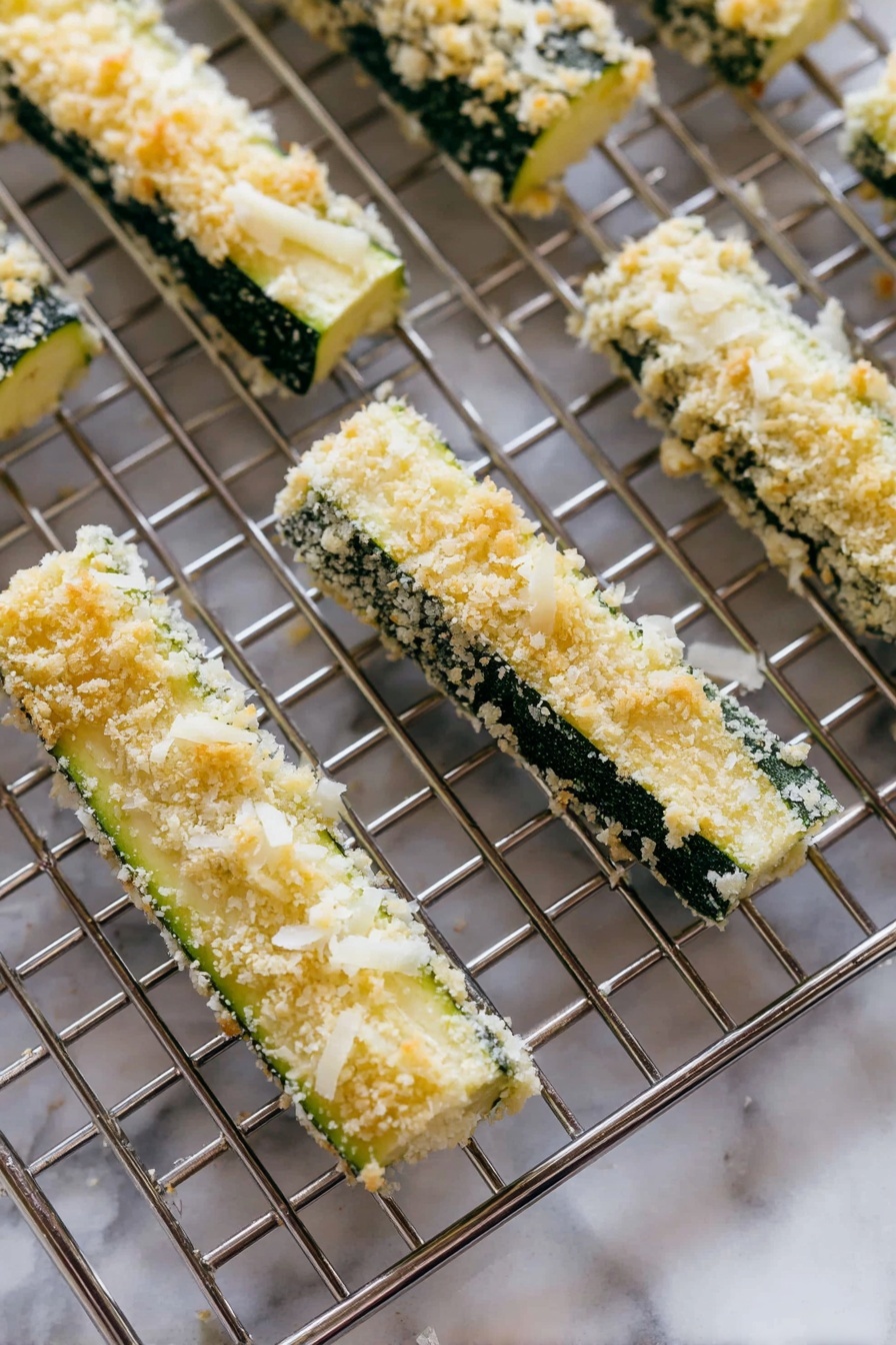 The image shows several rectangular zucchini sticks arranged on a metal rack. Each stick has a dark green inner layer, the zucchini, wrapped in a textured outer coating of light yellow and white bread crumbs mixed with bits of grated cheese. The coating looks rough and crumbly, covering all visible sides of the sticks. The metal rack is placed over a white marbled surface, creating a clean and bright setting. The zucchini sticks are evenly spaced, showing a mix of whole and partial pieces. Photo taken with an iphone --ar 2:3 --v 7