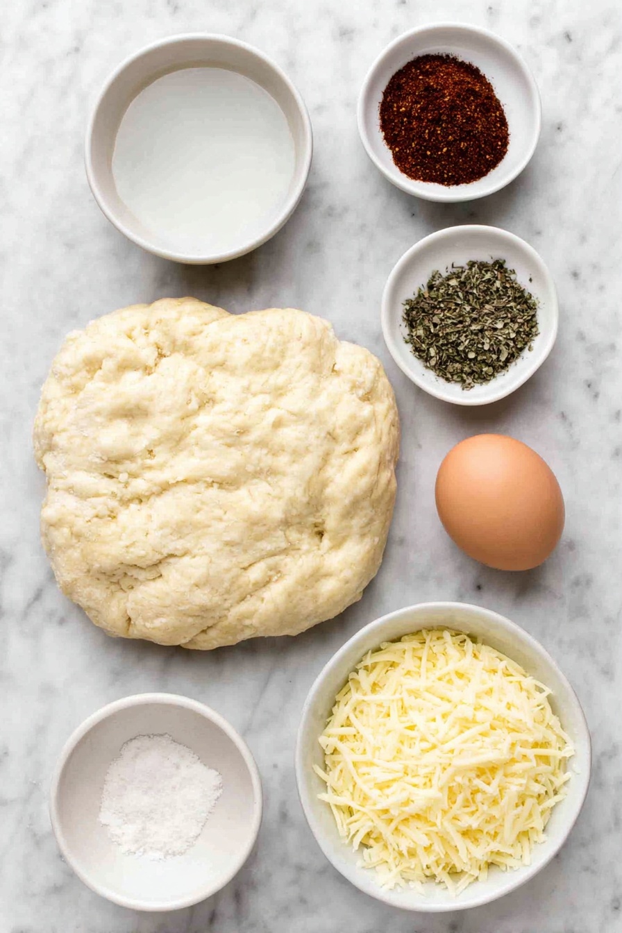 Flat lay of a single sheet of fresh puff pastry dough, a small white ceramic bowl with vibrant red paprika powder, another small white bowl containing mixed dried Italian herbs, a third small white bowl filled with coarse kosher salt, a small white bowl with cracked black peppercorns, one large whole uncracked brown egg, a small white bowl of clear water, and a small white bowl piled with finely grated pale yellow parmesan cheese, all arranged in perfect symmetry on a clean white marble surface, soft natural light, photo taken with an iPhone, professional food photography style, fresh ingredients, white ceramic bowls, no bottles, no duplicates, no utensils, no packaging --ar 2:3 --v 7 --p m7354615311229779997
