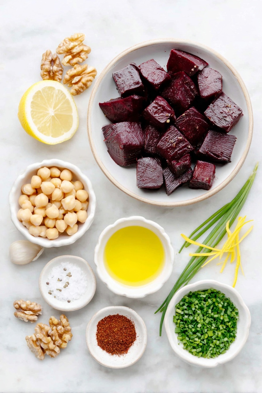 Flat lay of fresh red beets cut into cubes, whole uncracked brown garlic cloves, a small white bowl of smooth chickpeas, a small white bowl of golden olive oil, a small white bowl of pale creamy tahini, a small white bowl of bright yellow lemon juice, a small white bowl of deep red smoked paprika powder, a small white bowl of coarse kosher salt, scattered fresh black peppercorns, a small white bowl of whole walnuts, finely chopped fresh green chives, thin strips of bright yellow lemon peel, all arranged with perfect symmetry on a clean white marble surface, soft natural light, photo taken with an iPhone, professional food photography style, fresh ingredients, white ceramic bowls, no bottles, no duplicates, no utensils, no packaging --ar 2:3 --v 7 --p m7354615311229779997
