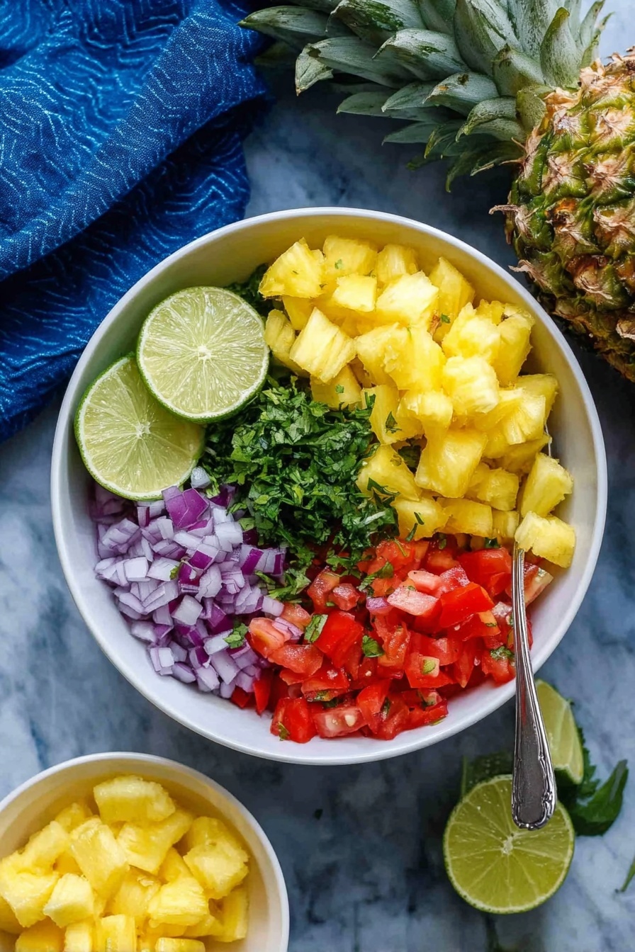 A white bowl filled with four main layers arranged side by side: bright yellow pineapple chunks at the top right, finely chopped green herbs in the center, red diced tomatoes at the bottom right, and small purple onion pieces at the bottom left. Two green lime wedges rest over the pineapple layer on the left side of the bowl. A spoon sits inside the bowl on the right edge. Next to the bowl, a smaller white bowl holds more yellow pineapple chunks. The background shows a whole pineapple and a white marbled surface partly covered by a blue cloth. Photo taken with an iphone --ar 2:3 --v 7