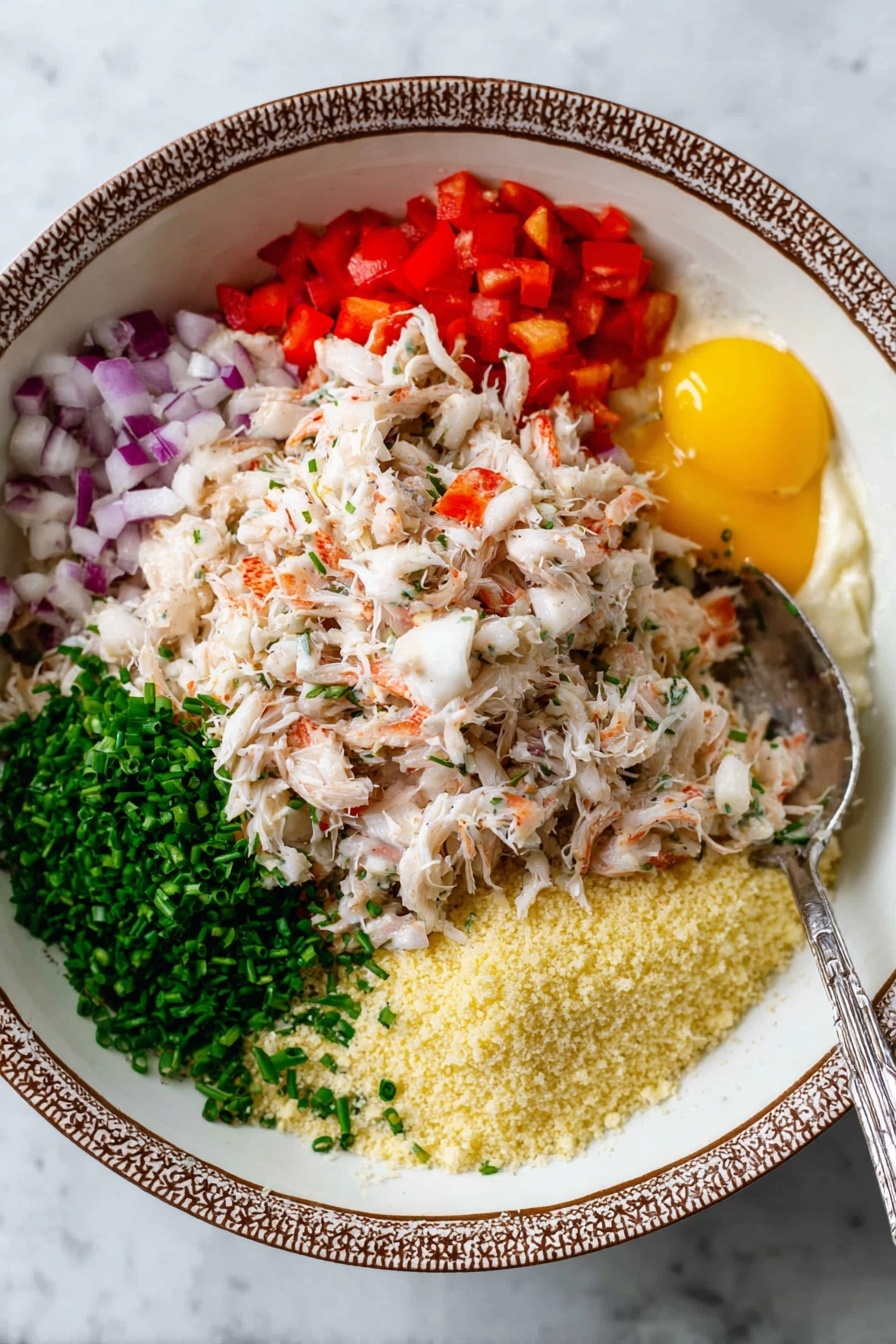 A white bowl with a brown patterned rim holds several ingredients in layers ready to mix. On the left side, there is a large pile of shredded light pink crab meat with a soft texture. Next to it are small piles of bright red diced bell peppers, finely chopped purple onions, and fresh green chopped chives. To the right are a heap of pale yellow breadcrumbs and a cluster of two raw yellow egg yolks. Underneath these ingredients, creamy white mayonnaise is partly visible. A silver spoon rests on the right side of the bowl, partly inside the breadcrumbs. The bowl sits on a white marbled surface. photo taken with an iphone --ar 2:3 --v 7