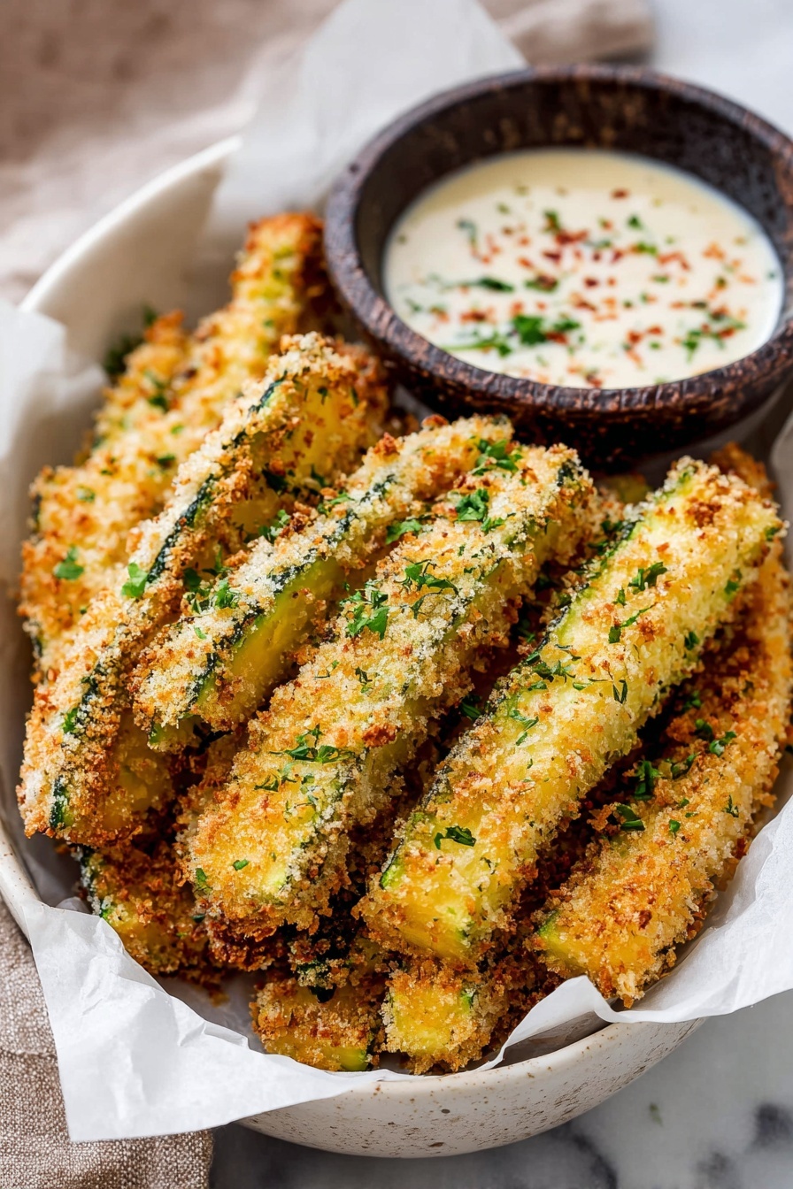 A white bowl filled with light golden-brown zucchini sticks covered in a crispy crumb layer with green herb bits sprinkled on top; the zucchini sticks are stacked and arranged tightly on white parchment paper that slightly folds over the edge of the bowl. At the back of the bowl, there is a small dark rustic bowl holding a creamy white dipping sauce with hints of green herbs and red spices scattered on its surface. The whole setup rests on a white marbled surface with a soft, blurred background. photo taken with an iphone --ar 2:3 --v 7