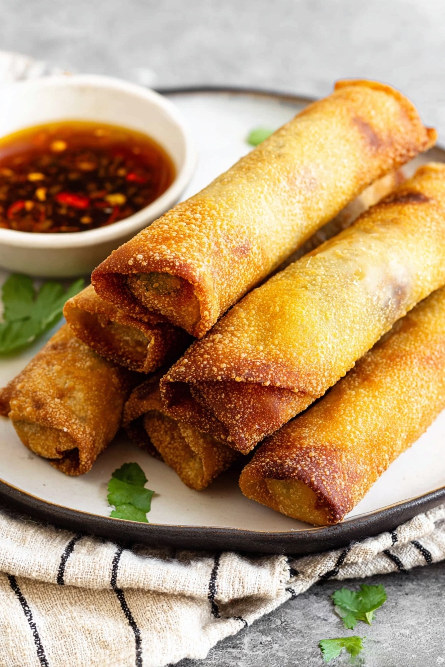 The image shows five golden-brown crispy rolled wraps stacked on a white plate, with a close-up view of their crunchy texture. The wraps have a rough, bubbly surface with a golden to darker brown gradient, especially at the edges. To the left side of the plate, there is a small bowl of reddish-brown dipping sauce with visible chili flakes and oil glistening on top. Small green herb leaves are scattered around the plate and on the white marbled surface underneath, adding a fresh touch. A light beige cloth with black stripes sits under the plate, enhancing the cozy presentation. Photo taken with an iphone --ar 2:3 --v 7