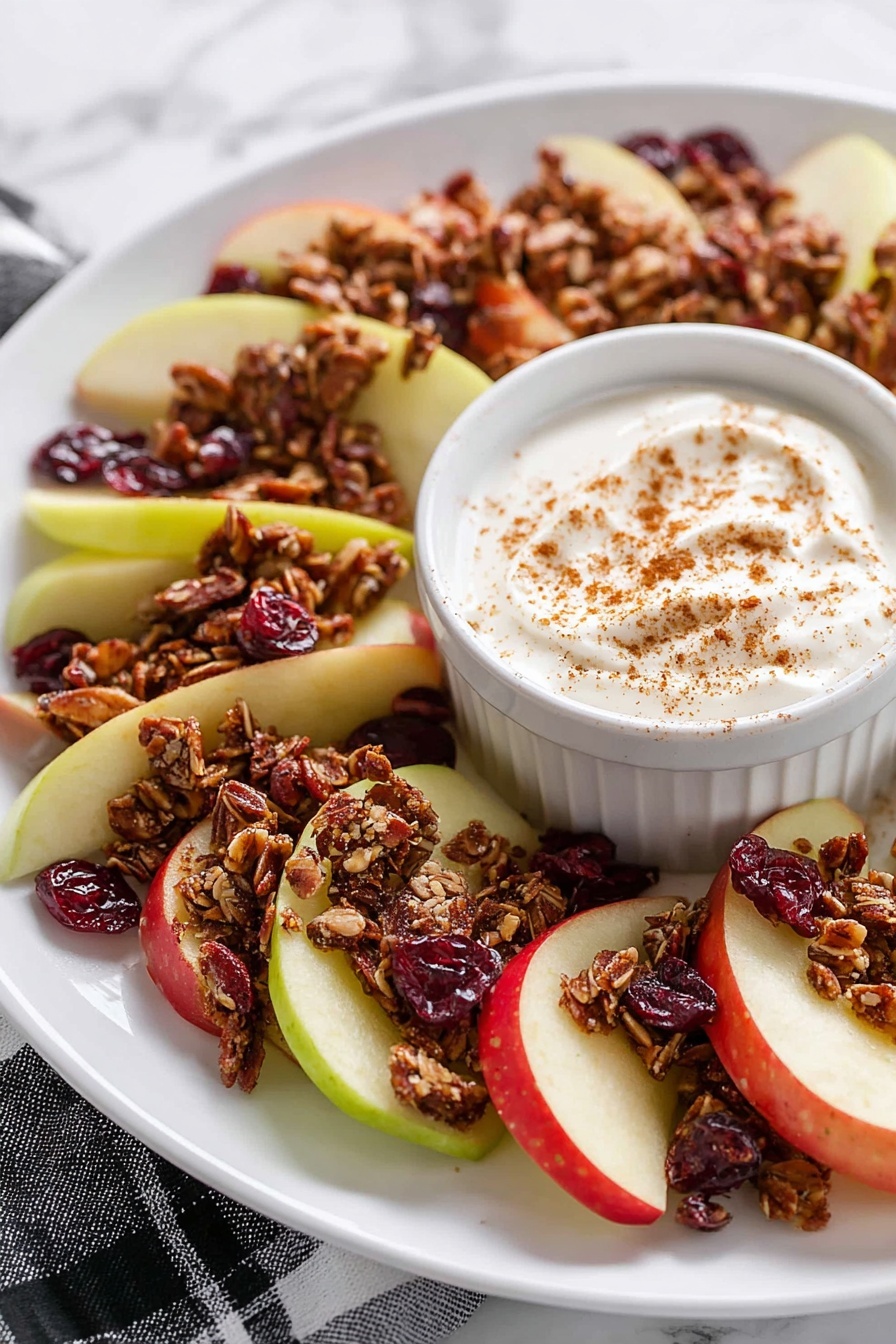 A white plate holds a circle of thin apple slices arranged overlapping, alternating red and green apple colors showing the smooth, shiny skin and pale inner flesh; on top, there is a layer of nut and seed granola pieces with rough, chunky texture in brown shades, mixed with dark red dried cranberries scattered across; in the center, a small white ramekin filled with creamy white yogurt, sprinkled lightly with brown cinnamon powder, sits on the white marbled surface, with a glimpse of a black and white checkered cloth at the bottom edge photo taken with an iphone --ar 2:3 --v 7